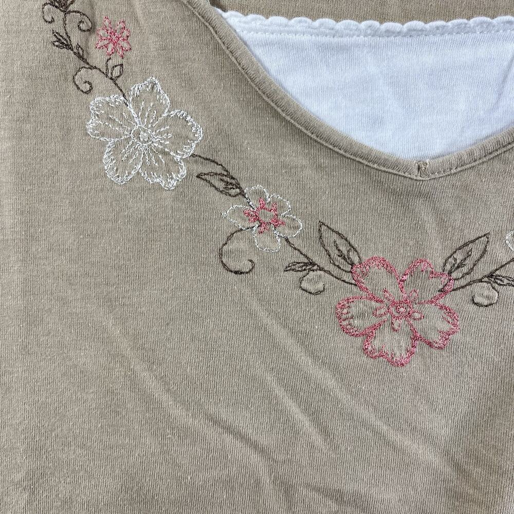 WHITE STAG TOP WOMENS MEDIUM BEIGE FLORAL V NECK 3/4 SLEEVE Y2K COTTON SHIRT - Picture 3 of 8